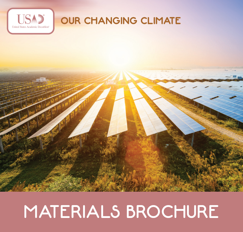 Cover image for the 2024-2025 Materials Brochure featuring solar panels under a bright sunrise. Click to view the PDF.